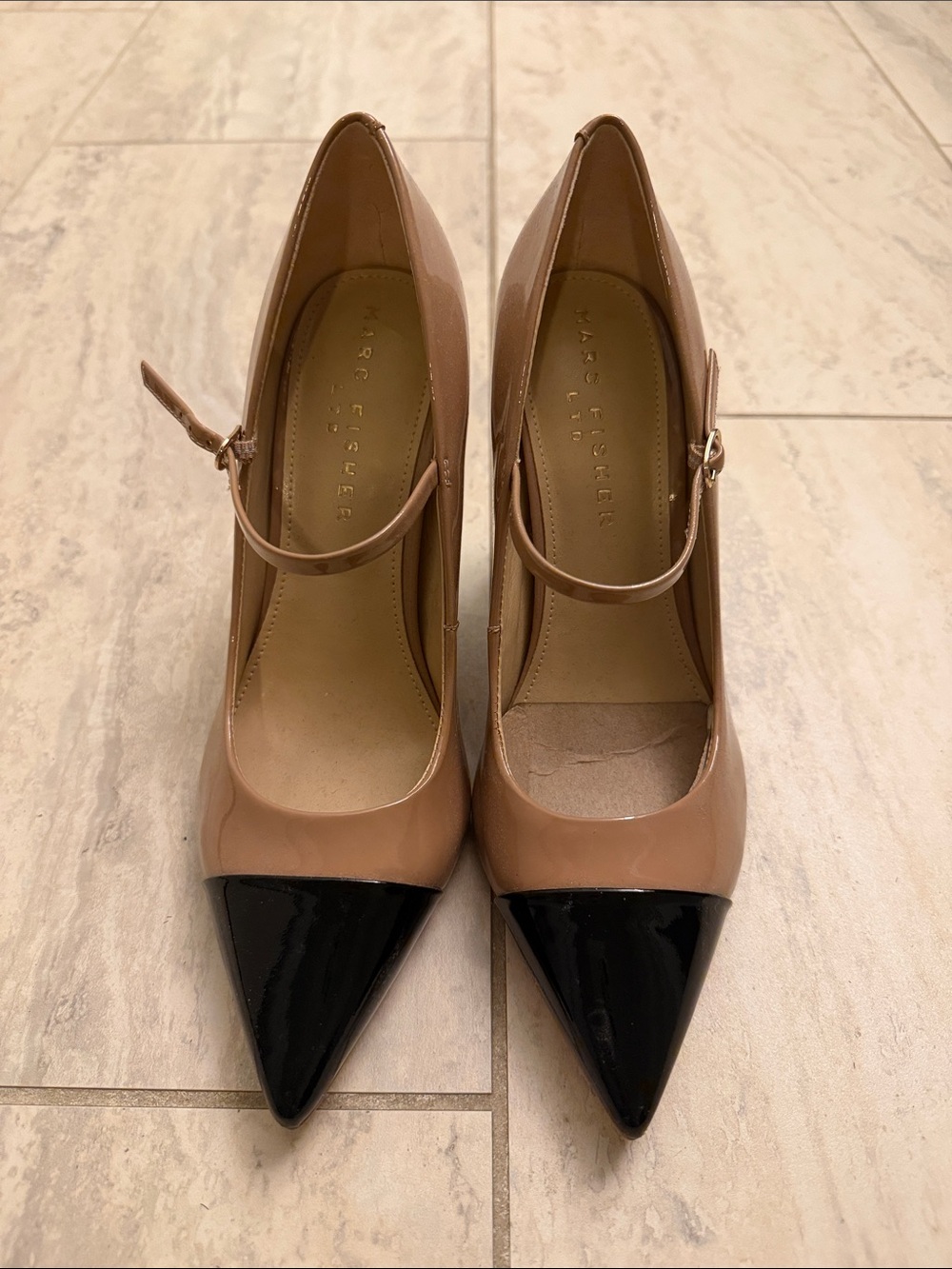 NEVER WORN!Marc Fisher Two-Tone Patent Pointed Mary Jane Pumps in Nude and Black